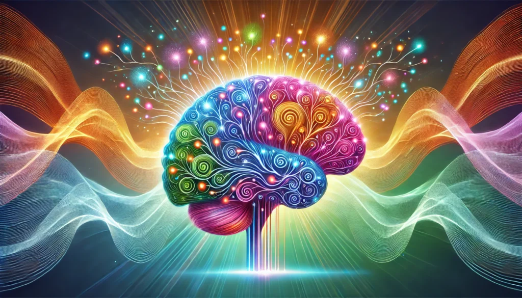 Glowing brain with vibrant interconnected neural pathways surrounded by colorful swirling waves, representing rapid knowledge absorption, faster learning, and enhanced memory through neural pathway strengthening.