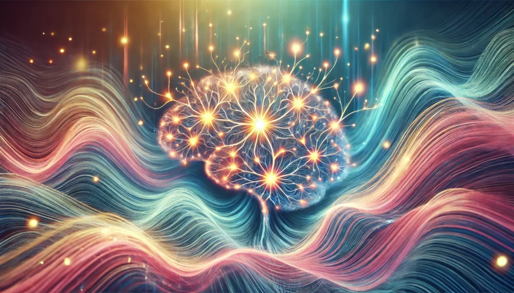 Interconnected glowing neurons forming an intricate network with soft colorful waves surrounding them, symbolizing accelerated cognitive growth, faster learning, and better memory recall through effective techniques.