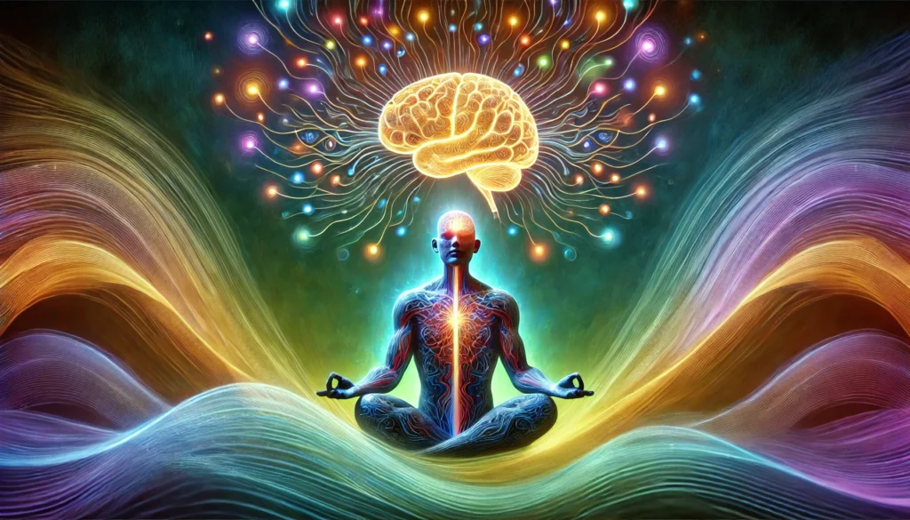 Person meditating with a glowing brain and illuminated neural pathways extending outward, surrounded by colorful waves, representing enhanced study efficiency, faster learning, and improved cognitive clarity.