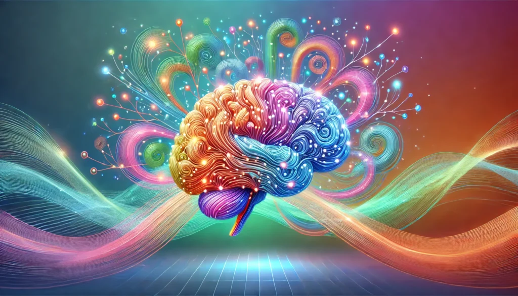 Glowing brain with vibrant interconnected neural pathways surrounded by colorful swirling waves, representing enhanced memory, cognitive development, and effective learning for online class success.