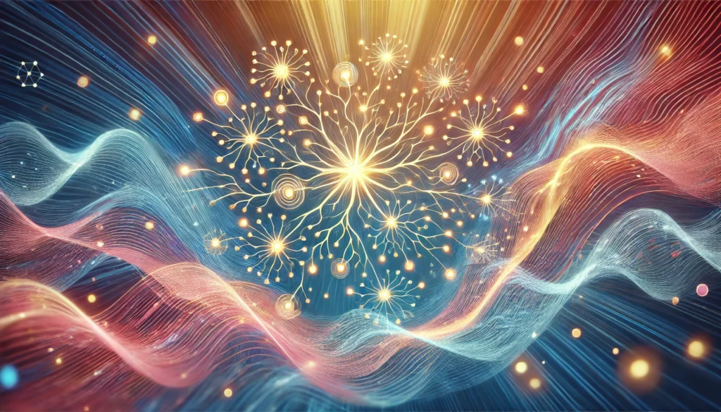 Interconnected glowing neurons forming a complex network with soft colorful waves, illustrating strengthened neural pathways, improved recall, and academic excellence through effective online study habits.