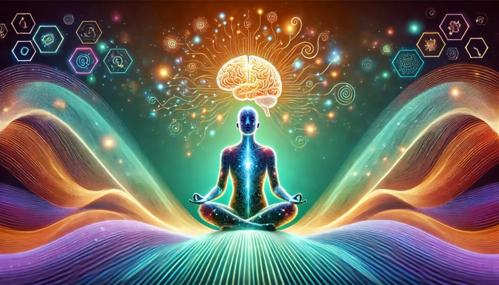 Student meditating with a glowing brain and illuminated neural pathways extending outward, surrounded by colorful waves symbolizing cognitive clarity, knowledge retention, and enhanced memory for online learning success.