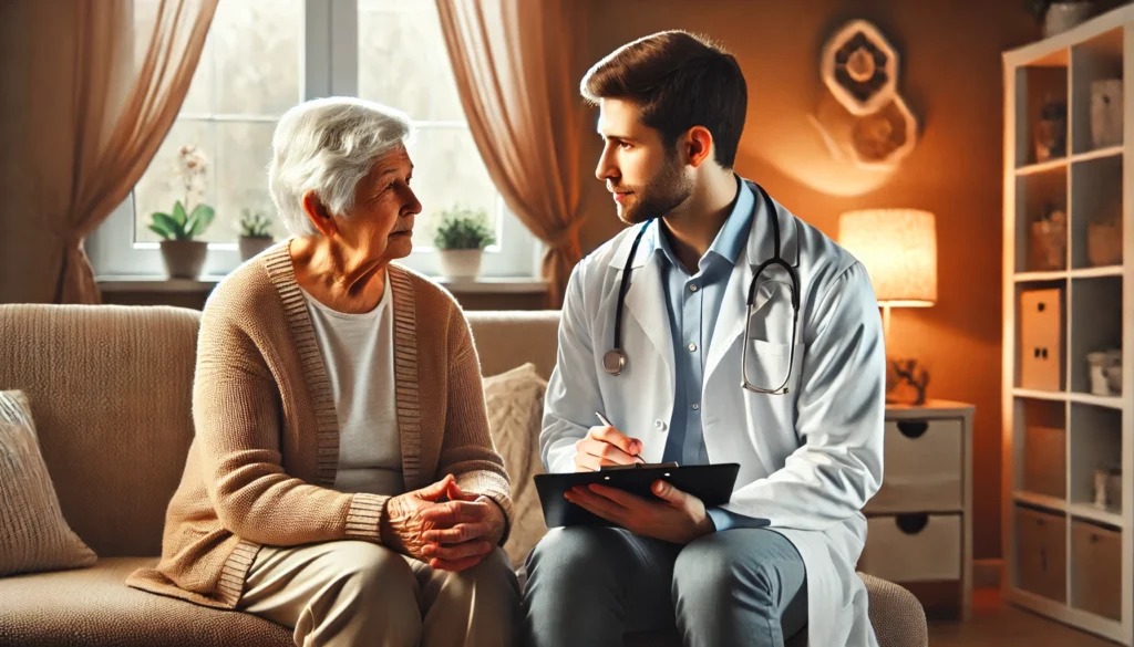 A compassionate geriatrician consulting with an elderly patient in a cozy, well-lit clinic. The doctor is attentively listening while holding a clipboard, symbolizing personalized care for memory issues in a warm and inviting setting.