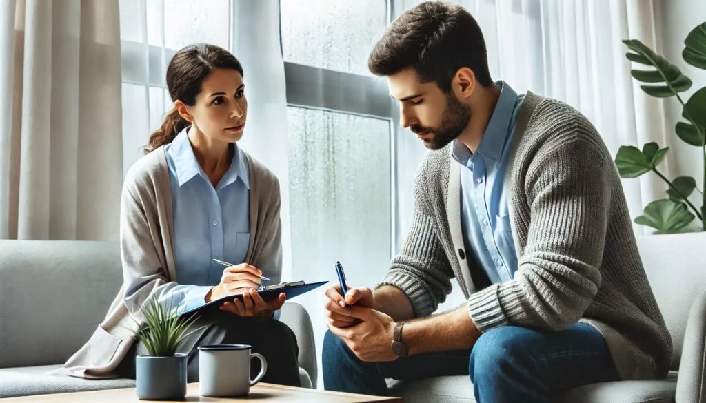 A psychiatrist in a modern office, engaging with a middle-aged patient who appears concerned about memory problems. The psychiatrist is taking notes while maintaining a reassuring and empathetic expression, representing mental health care for memory-related concerns.