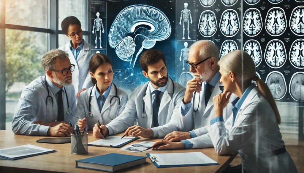A diverse group of doctors—neurologist, geriatrician, and psychiatrist—collaborating in a conference room, reviewing patient charts and brain scans. The scene highlights teamwork in diagnosing and treating memory issues, emphasizing multidisciplinary expertise.