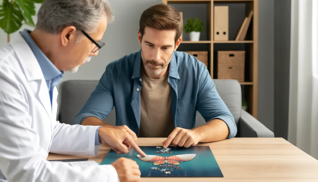 A middle-aged man participating in a memory training session with a therapist, solving a jigsaw puzzle designed to enhance cognitive function. The scene is set in a well-lit therapy center with a calm and focused atmosphere, highlighting the importance of interactive exercises in memory rehabilitation.