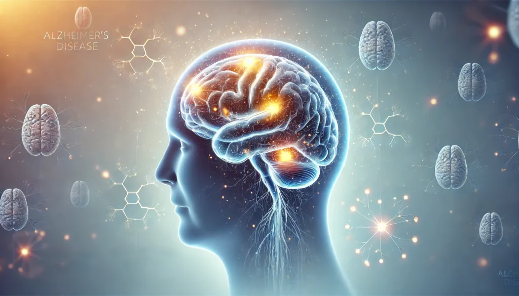 Medical illustration of the human brain highlighting areas affected by Alzheimer’s disease, showing neural connections and plaques associated with cognitive decline.