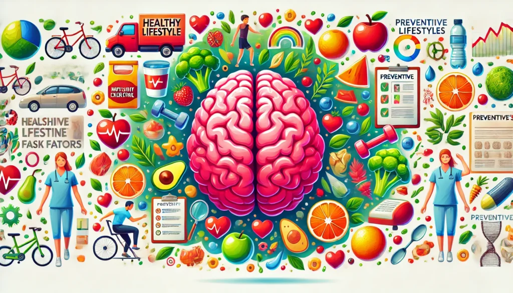 Illustration of a brain surrounded by floating elements representing healthy lifestyle choices such as nutritious food, physical exercise, and mental activities, showcasing preventive measures against Alzheimer’s disease.