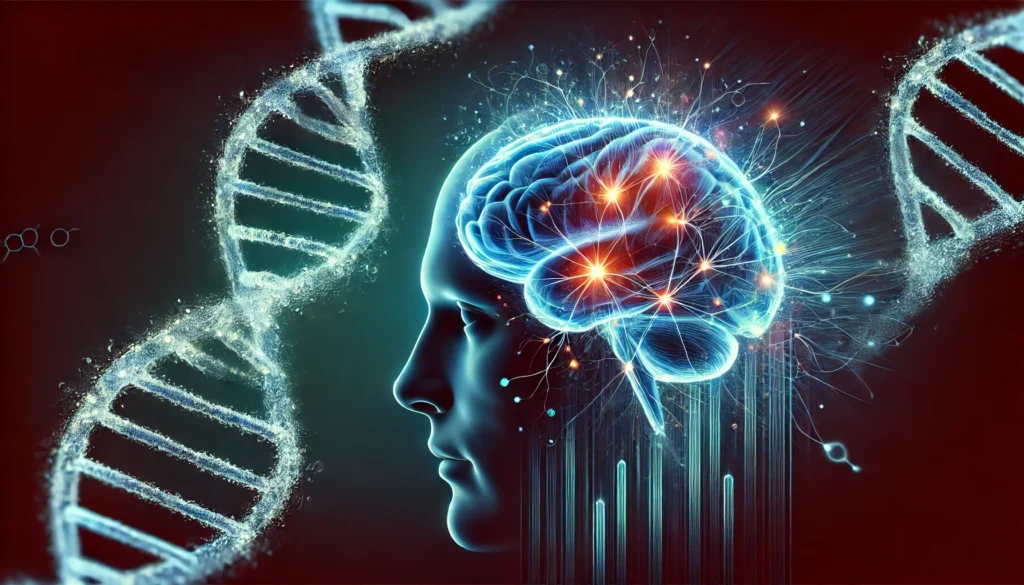 Artistic depiction of the genetic influence on Alzheimer’s disease, featuring a DNA strand blending into a human brain with illuminated neural pathways, emphasizing the connection between genetics and cognitive health.