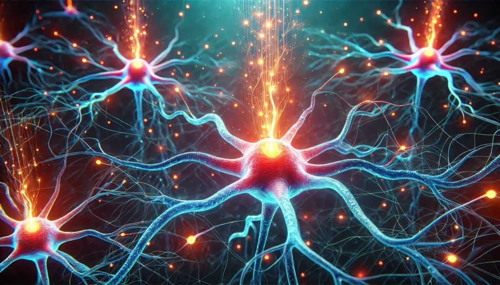 A 3D-rendered visualization of neurons forming stronger connections through synaptic growth. The glowing synapses are actively transmitting electrical impulses against a deep, abstract neural network background, symbolizing enhanced learning and memory retention.