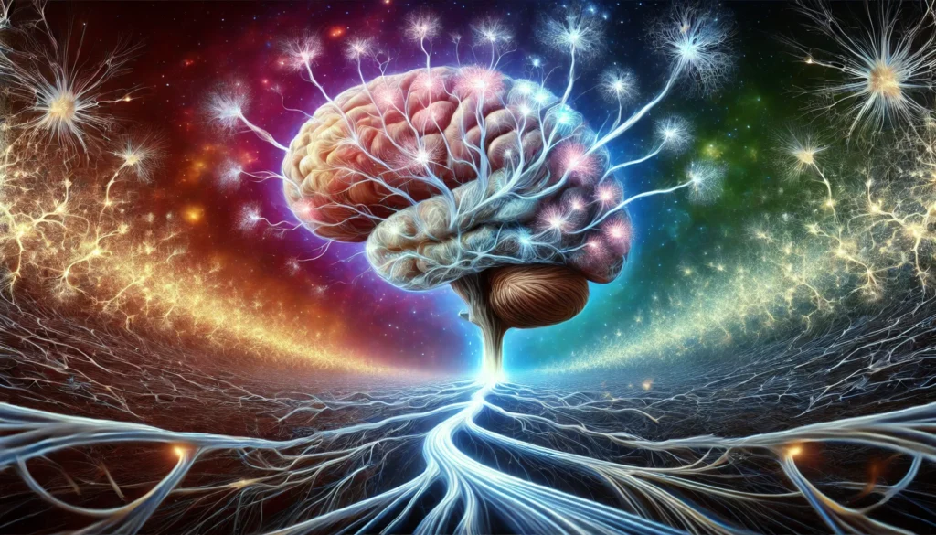 A surreal artistic representation of brain plasticity, featuring a brain with tree-like neurons branching outward, symbolizing memory growth. The glowing structures merge into a vast interconnected neural landscape, set against a cosmic-style aura representing limitless cognitive potential.