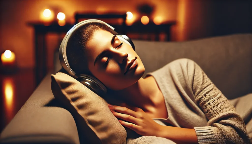 A person lying on a soft couch with their eyes closed, peacefully listening to calming music through headphones in a dimly lit, cozy environment for anxiety relief.