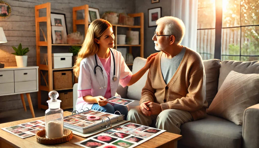 In a cozy living room, a compassionate specialist engages with an elderly patient using memory-stimulating activities, such as looking through a photo album or solving a puzzle. The warm and inviting environment represents personalized memory care and support.
