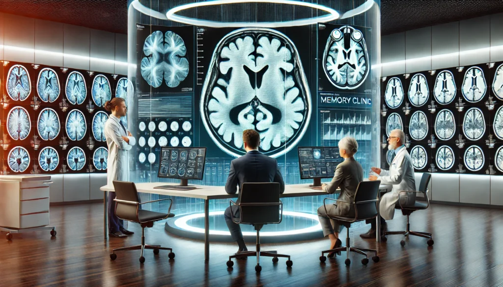 A state-of-the-art memory clinic where a neurologist examines advanced brain imaging results on a large screen. Medical professionals discuss cognitive assessments in a modern and professional setting, representing the use of advanced diagnostics for memory loss.