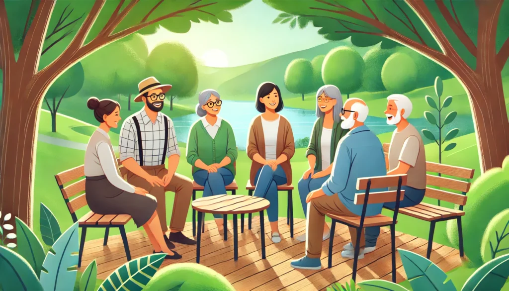An outdoor support group meeting in a lush green park where caregivers and individuals with memory loss engage in warm and understanding conversations. Smiling participants share experiences and offer emotional support, symbolizing the power of community in memory care.