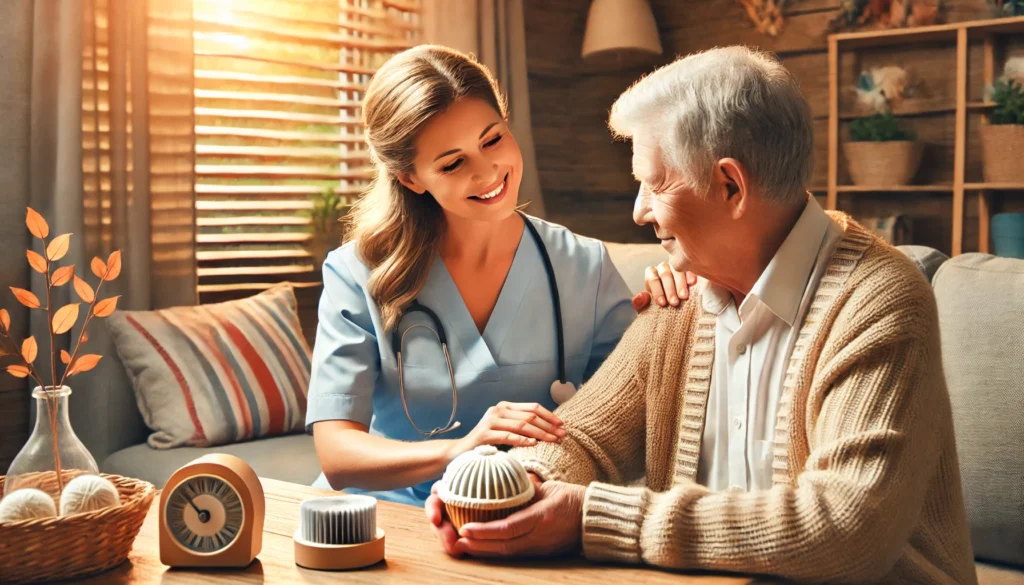 An elderly resident interacts warmly with a friendly caregiver in an inviting assisted living facility. The caregiver gently assists with a memory-enhancing activity, such as sorting familiar objects or listening to soothing music. The peaceful and homely setting symbolizes compassionate care for those experiencing memory loss.