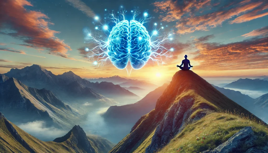 A person meditating on a mountain peak at sunrise, surrounded by nature, symbolizing mindfulness and its contribution to neurogenesis and brain health.