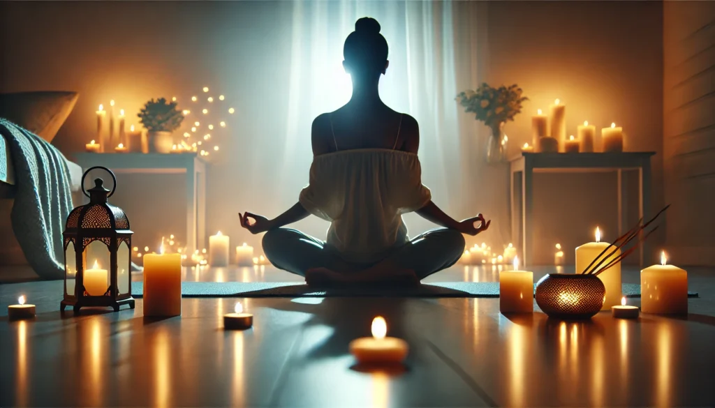 A serene meditation space with a person sitting cross-legged on a mat in a softly lit room, surrounded by candles and gentle ambient lighting, promoting inner peace and focus.
