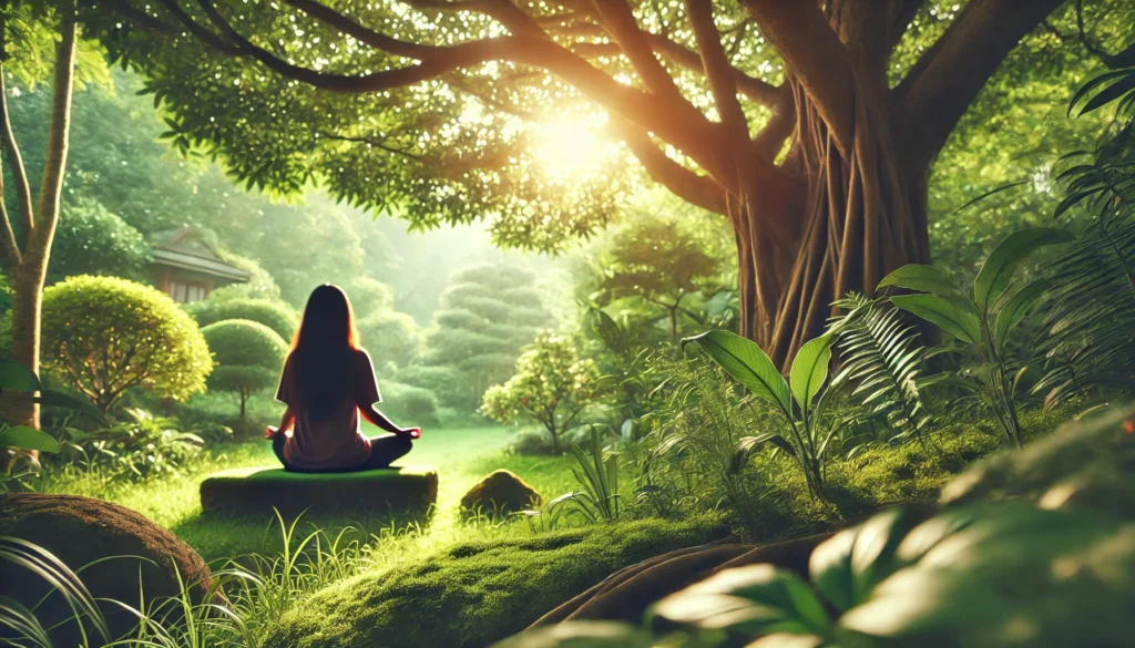 A tranquil outdoor scene featuring a person meditating in a lush green environment with soft sunlight, symbolizing mindfulness and inner peace for enhanced focus and mental clarity.