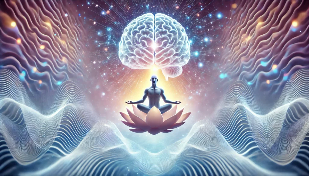 An ethereal visualization of cognitive well-being. A person meditates in a floating lotus position with a radiant brain-like aura glowing above their head, symbolizing mental clarity and enhanced cognitive function. The background features soft waves of blue and purple energy, representing harmonious brainwaves.