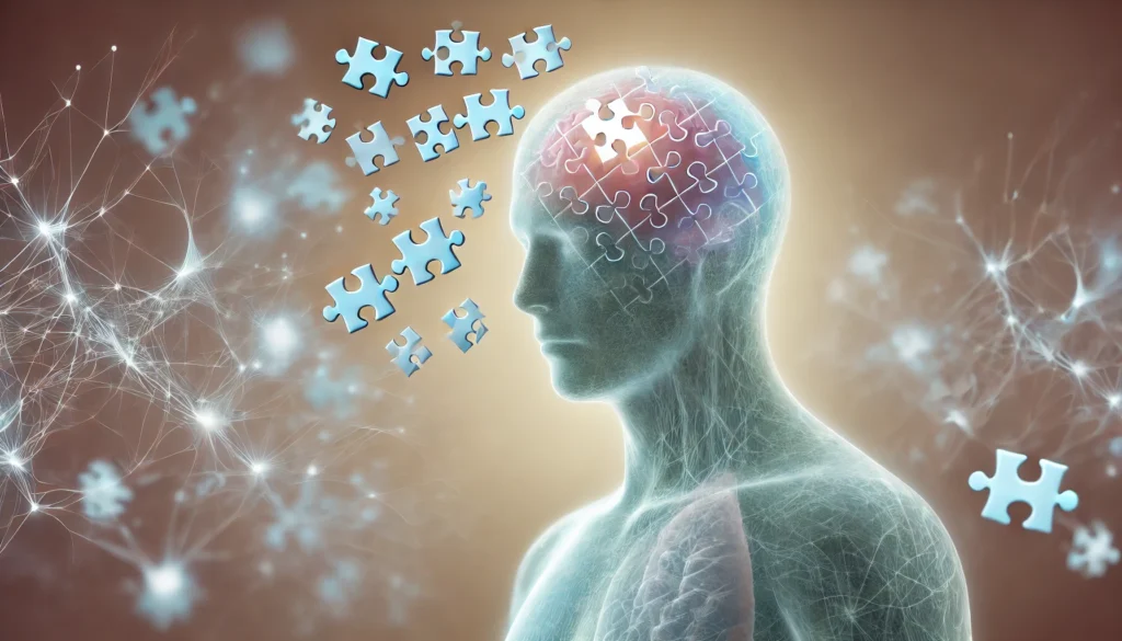 Conceptual illustration of short-term memory loss with fading puzzle pieces representing fragmented memories due to anterograde amnesia
