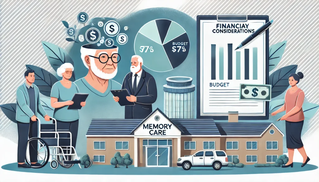 A senior couple reviewing financial documents with an advisor, alongside a visual representation of cost breakdowns, emphasizing the complexity of planning for memory care expenses.
