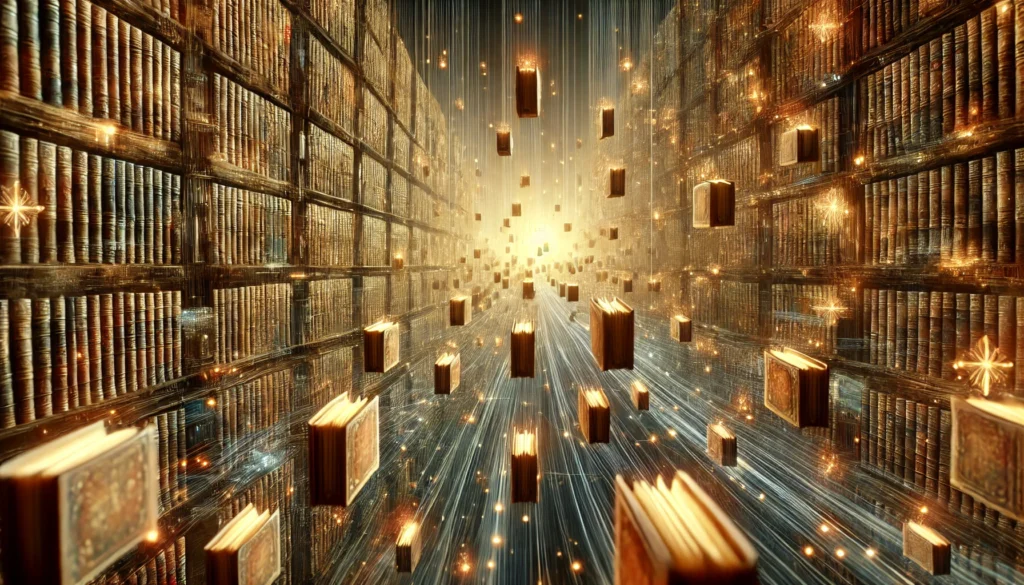 An artistic visualization of long-term memory, depicting an ancient library with countless floating books connected by glowing memory threads. The scene has a soft golden light, symbolizing stored knowledge and the vast capacity of human memory.