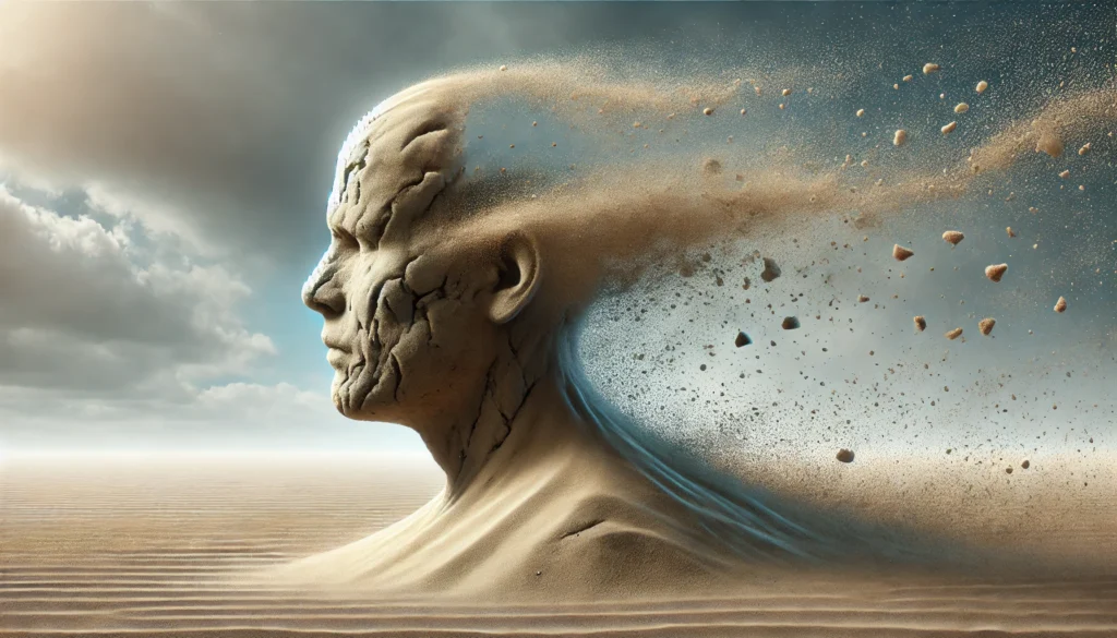 Memory loss another word – A surreal portrayal of memory erosion, shown as a sand-made human head being carried away by the wind.