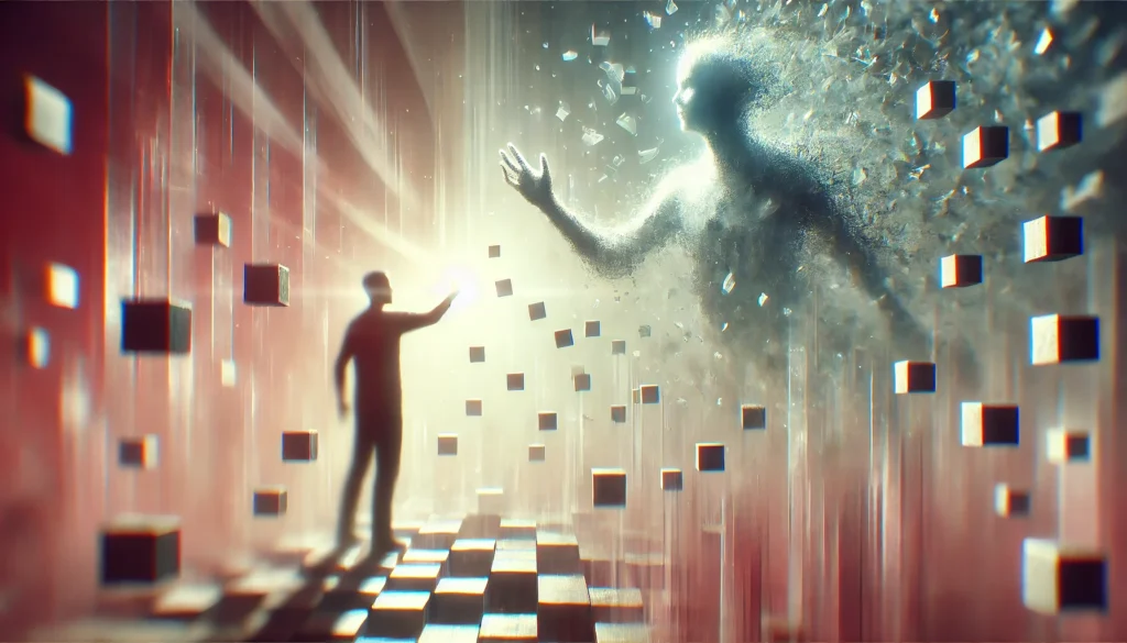 Artistic representation of short-term memory loss, showing a person grasping at fading memories in a surreal dreamlike setting.