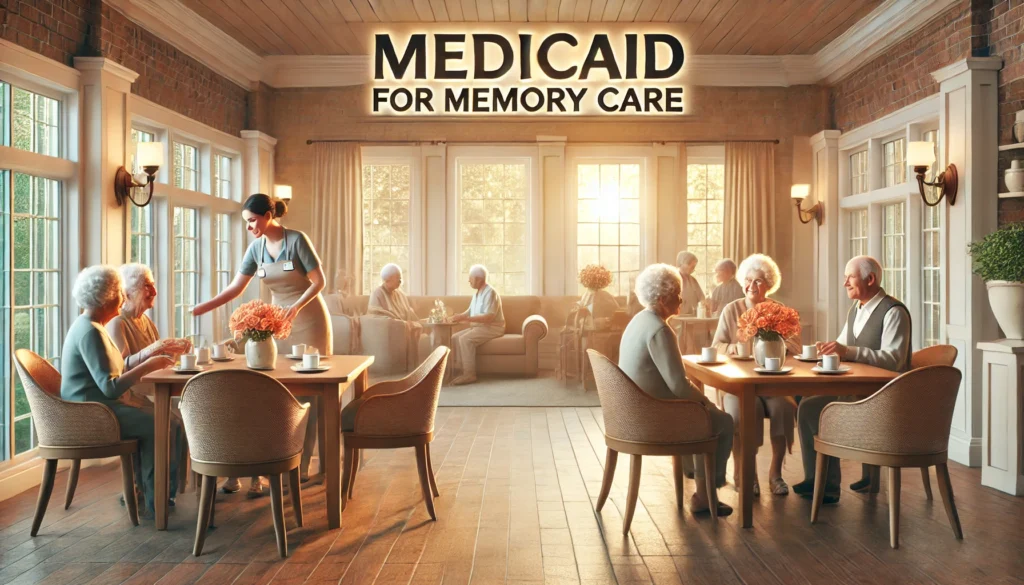 A welcoming assisted living facility where caregivers help residents with daily activities, emphasizing Medicaid’s support for long-term care.