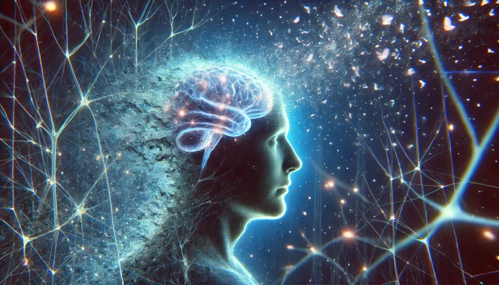 Surreal artwork of a person’s head transforming into scattered memory fragments, depicting the struggle of short-term memory loss and anterograde amnesia