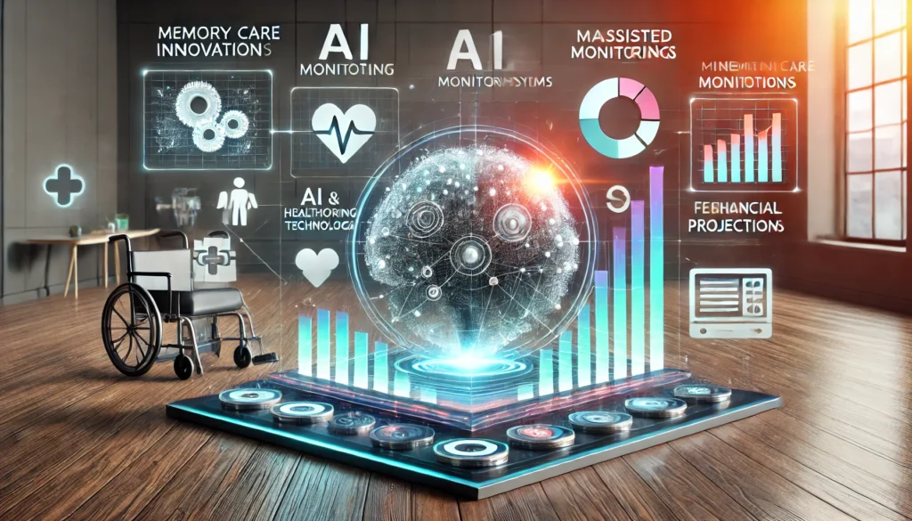A modern setting showcasing AI-assisted monitoring and advanced healthcare technology, paired with financial projections, emphasizing the evolving landscape of memory care and its financial implications.