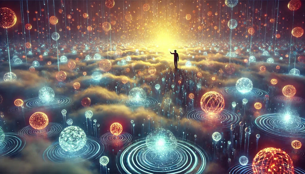 A surreal representation of memory retrieval, showing a landscape of glowing memory orbs floating in a misty, dream-like atmosphere. A human figure reaches out to activate an orb, triggering a ripple effect of light and energy, representing the recall of stored information.