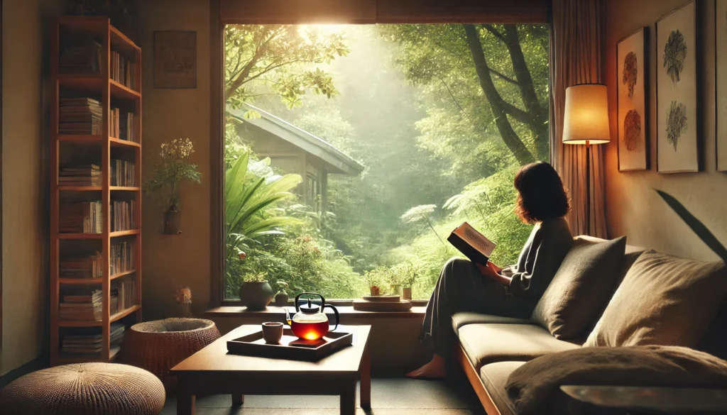 A cozy reading nook by a large window with soft natural light filtering in. A person sits comfortably with a book and a cup of tea, surrounded by lush greenery, evoking relaxation and mental rejuvenation.