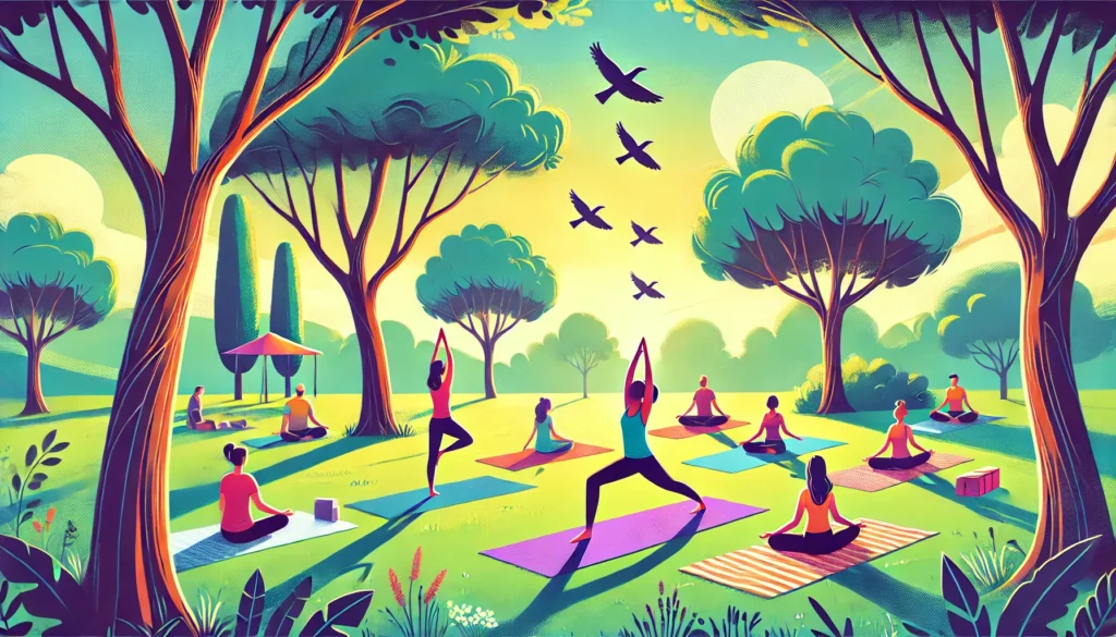 An outdoor yoga session in a peaceful park with a small group practicing yoga under tall trees. A clear blue sky and birds in the background create a calming atmosphere, representing stress relief and mental well-being.