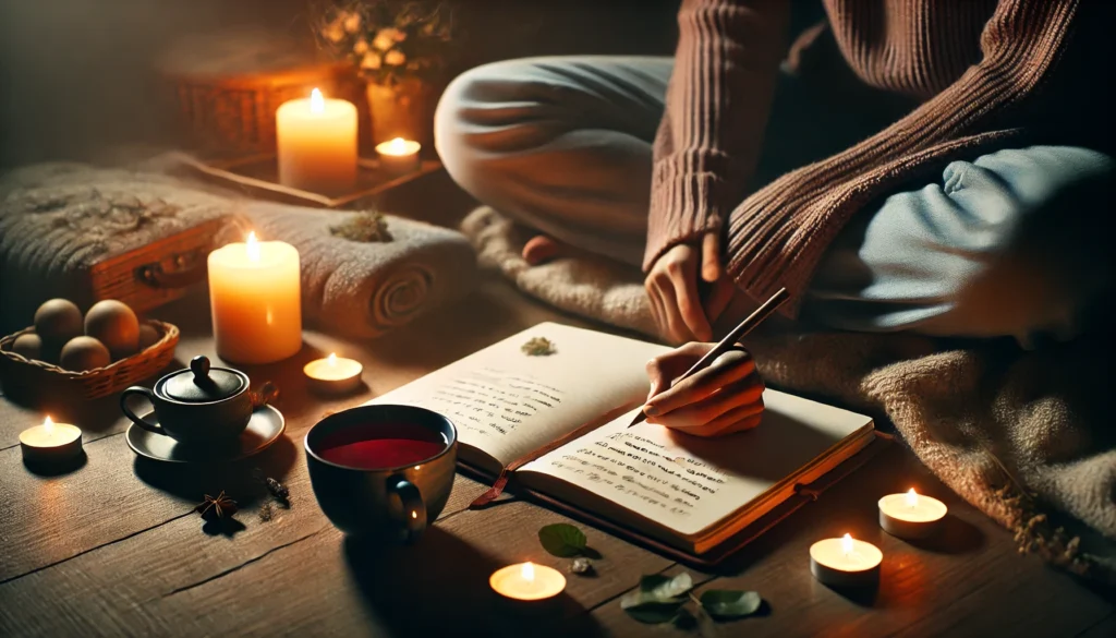 A peaceful nighttime scene of a person journaling by candlelight. A cozy ambiance with herbal tea, a warm blanket, and soft lighting conveys self-care, reflection, and mindfulness.