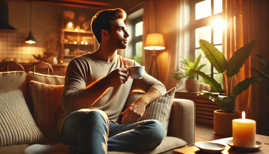 A man sitting comfortably in a cozy living room, sipping tea while gazing out the window, enjoying a mindful moment in a warm and soothing atmosphere.
