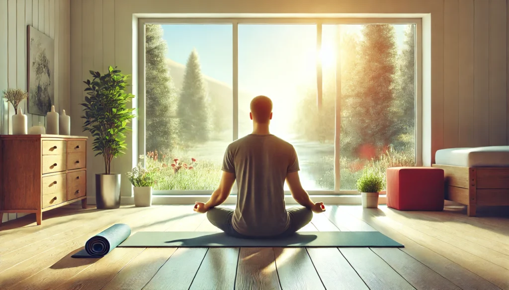 A person practicing mindfulness meditation, sitting cross-legged on a yoga mat in a bright, airy room with large windows overlooking a peaceful nature view, promoting mental clarity and focus.