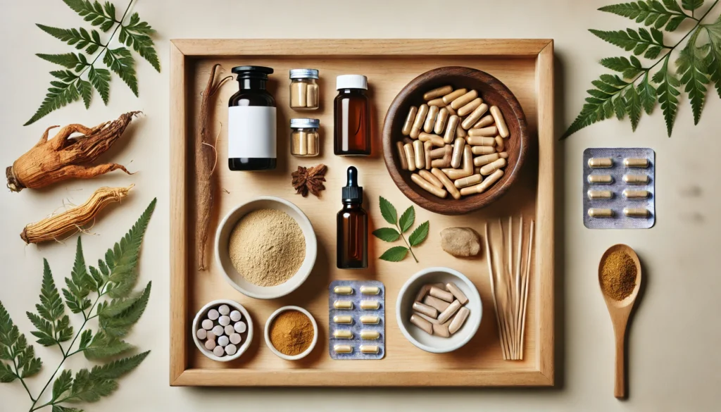A top-down view of a wooden tray featuring unbranded pill bottles, a small bowl of capsules, and a herbal tincture dropper bottle, arranged with natural nootropic ingredients like ashwagandha roots, maca powder, and ginseng slices.