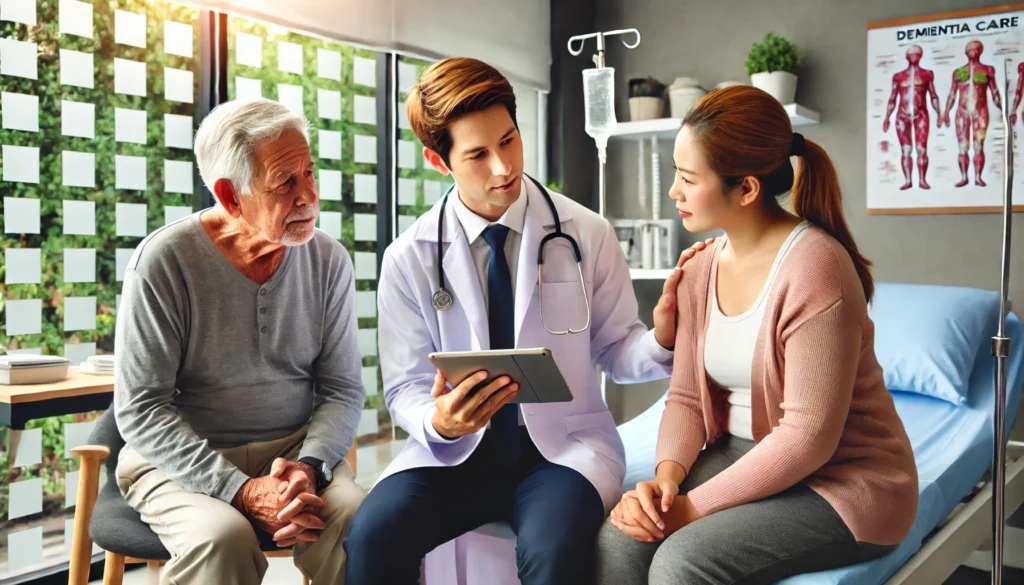 A modern dementia care clinic where a caring doctor consults an elderly patient, using a tablet to explain medical information, while a family member listens attentively in a professional and welcoming setting.