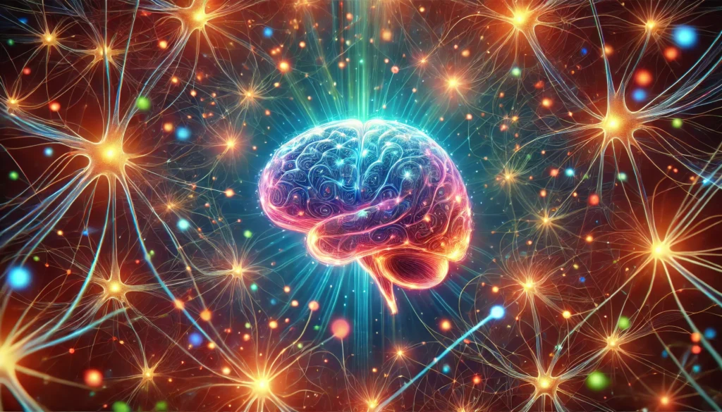A vibrant brain illustration surrounded by glowing neural connections, representing neurogenesis and the natural regeneration of brain cells.