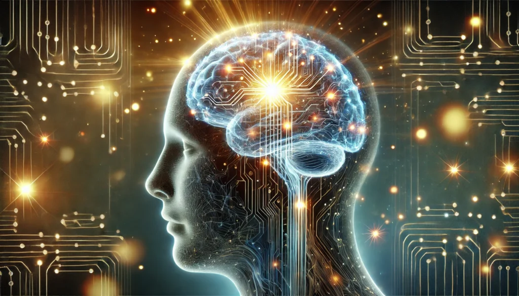 A conceptual illustration of a glowing human brain with interconnected neural pathways, symbolizing enhanced memory and cognitive function. The dark gradient background with blue and gold light effects emphasizes brain activity and mental clarity.