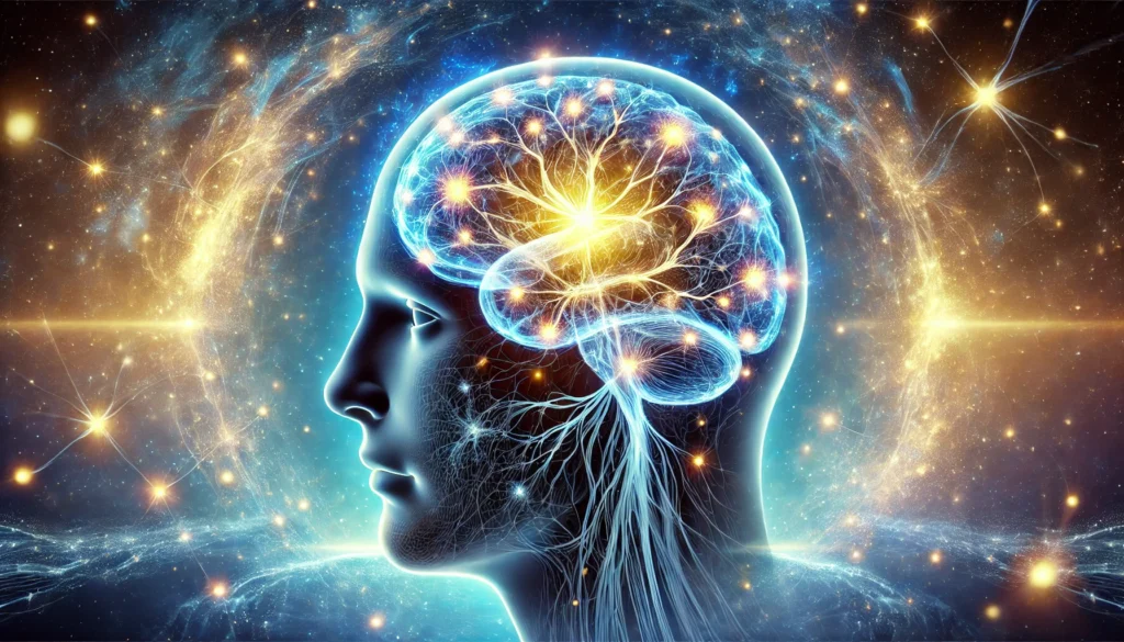 A visually striking digital artwork symbolizing a brain-boosting day. A glowing energy field surrounds a human head with a transparent skull, revealing an intricate network of neurons illuminated in vibrant blue and gold hues, set against a cosmic-inspired backdrop.