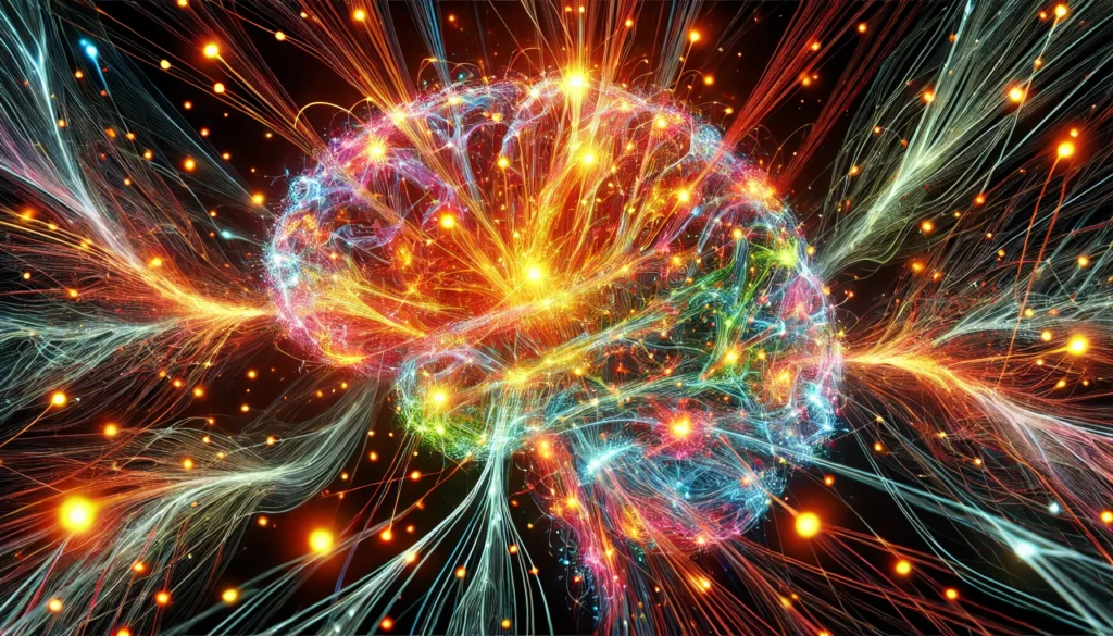 An artistic visualization of neural networks firing in the brain, with vibrant electrical signals connecting different regions. The image represents cognitive function, thought processing, and the complexity of human intelligence.
