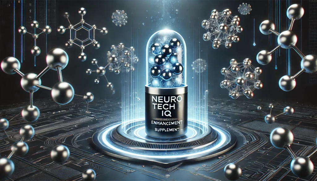 A sleek, modern representation of a neuro tech IQ brain enhancement supplement in a high-tech capsule form, surrounded by floating molecular structures, highlighting pharmacological innovations.