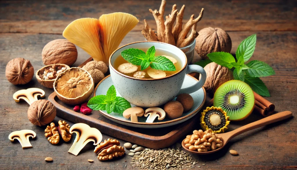 A steaming cup of nootropic tea infused with ginkgo biloba leaves, ginseng root slices, and fresh mint, surrounded by Rhodiola rosea, lion’s mane mushrooms, Bacopa monnieri, and walnuts on a wooden surface.
