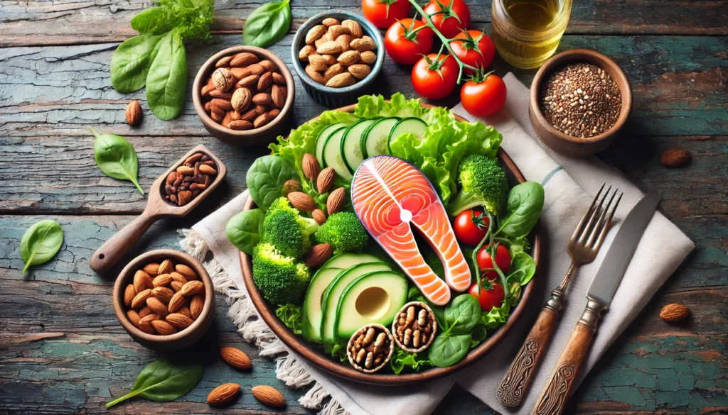 A nutritious meal with brain-boosting foods like salmon, nuts, and leafy greens, beautifully plated on a rustic wooden table. The image represents a healthy diet as an essential technique to prevent memory loss and support cognitive function.