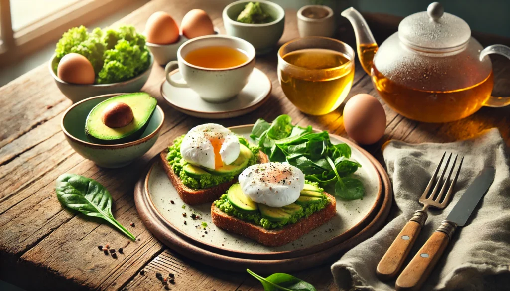 A cozy breakfast scene featuring poached eggs on whole-grain toast with avocado, a side of fresh greens, and a cup of green tea, set on a rustic wooden table with warm natural lighting, emphasizing a healthy and inviting start to the day.