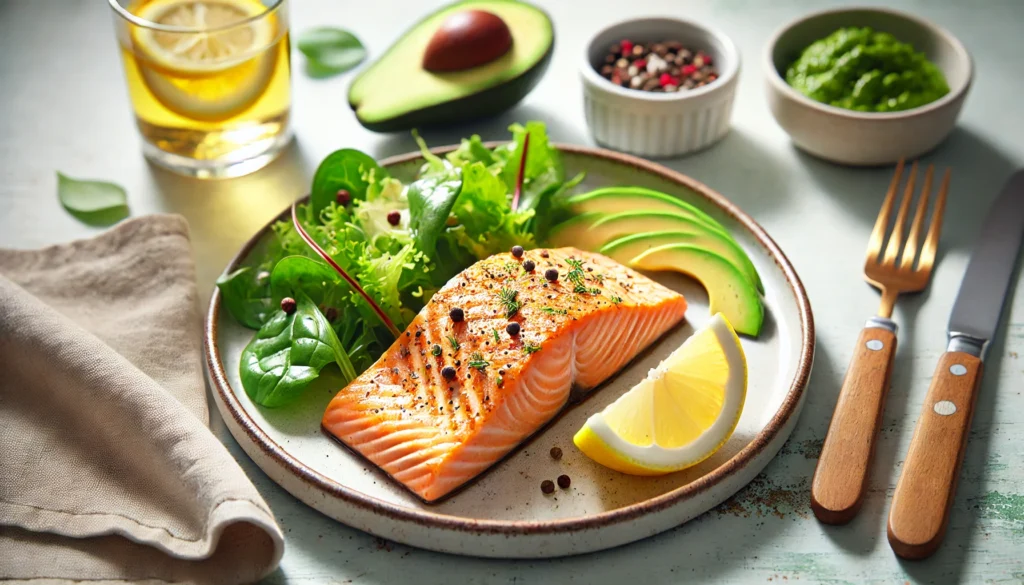 A beautifully plated serving of grilled salmon with a golden crust, accompanied by leafy greens and avocado slices, garnished with a lemon wedge. The bright and clean setting highlights the freshness and nutritional value of the meal.