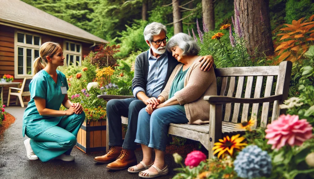 An elderly couple sitting on a wooden bench in a memory care facility garden in Gig Harbor, Washington. A caregiver stands nearby, offering gentle support. The garden is filled with colorful flowers, creating a tranquil and comforting atmosphere